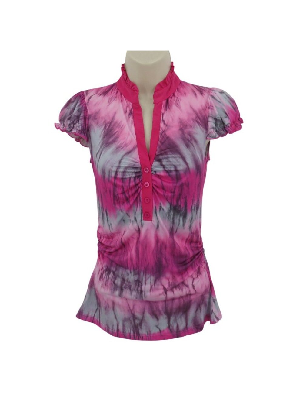 Y2K True Light USA Juniors Medium Pink Purple Tie Dye Ruched Blouse Shirt Top